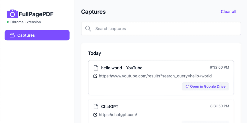 Capture history interface showing past PDF captures